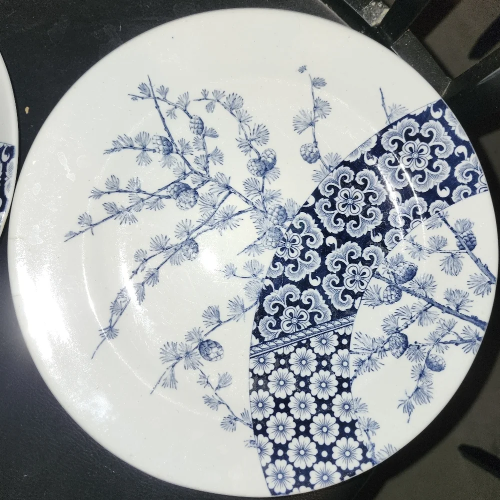 Royal Worchester? White Porcelain Plates with Blue Pinecones